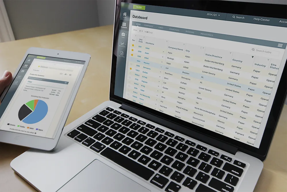 The Databoard application on a laptop and tablet, with a data table and pie chart.