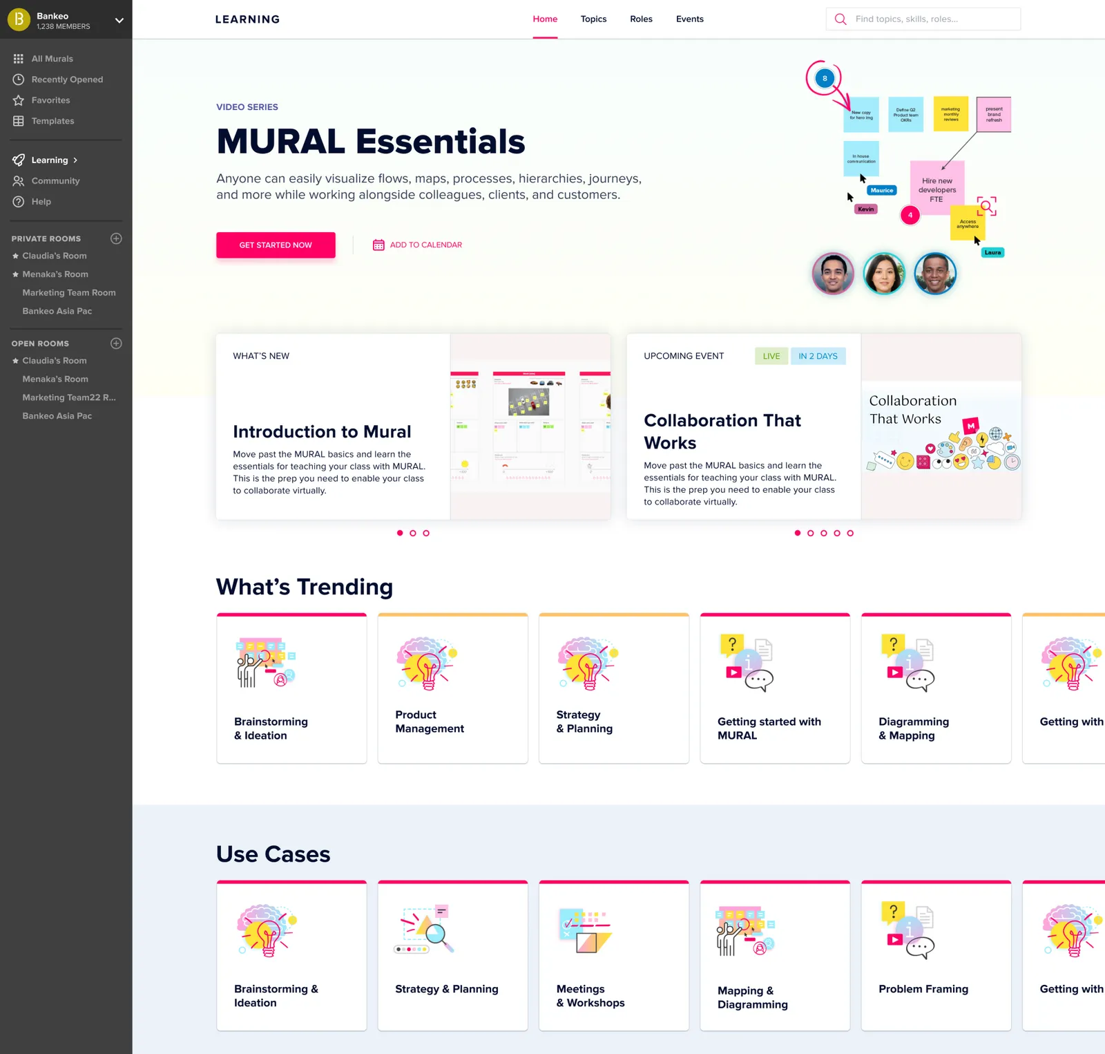 MURAL Essentials learning page, with What's Trending and use-case cards.