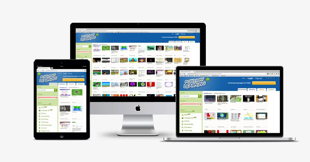 The redesigned PowerMyLearning site across a tablet, monitor and laptop.