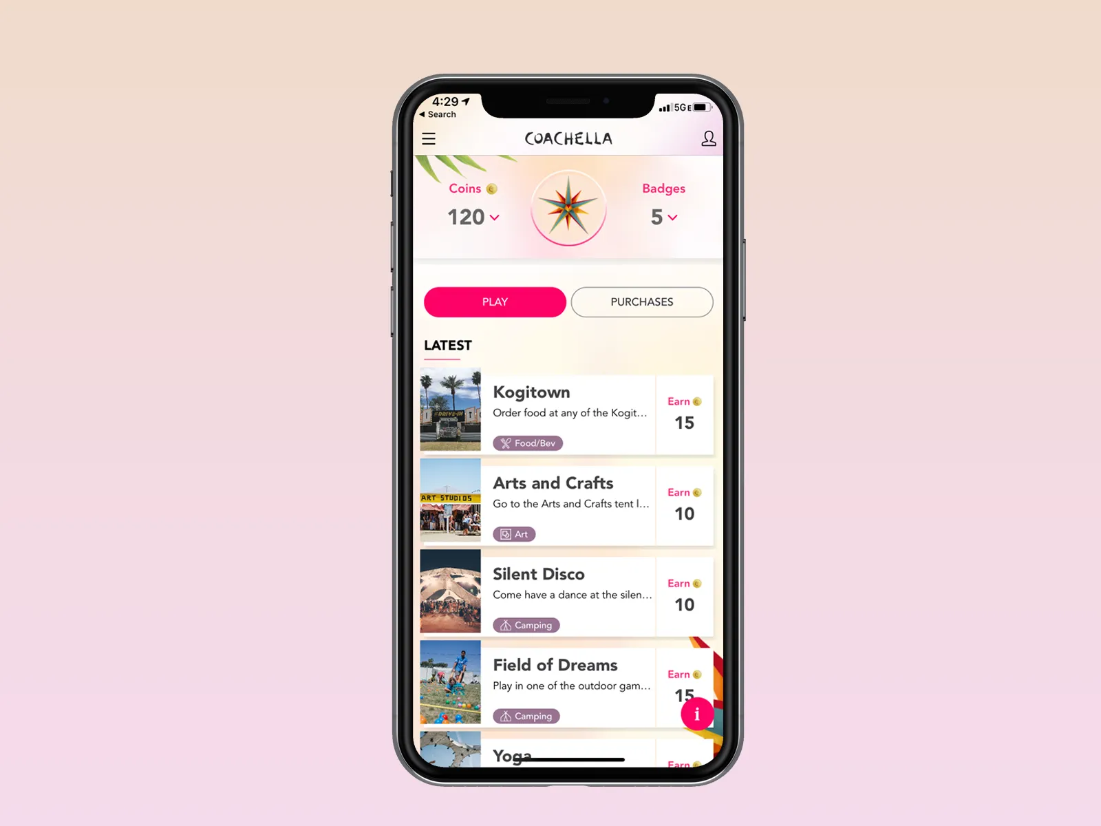 The Coachella Coin section of the festival app, with a coin balance above a list of challenges.