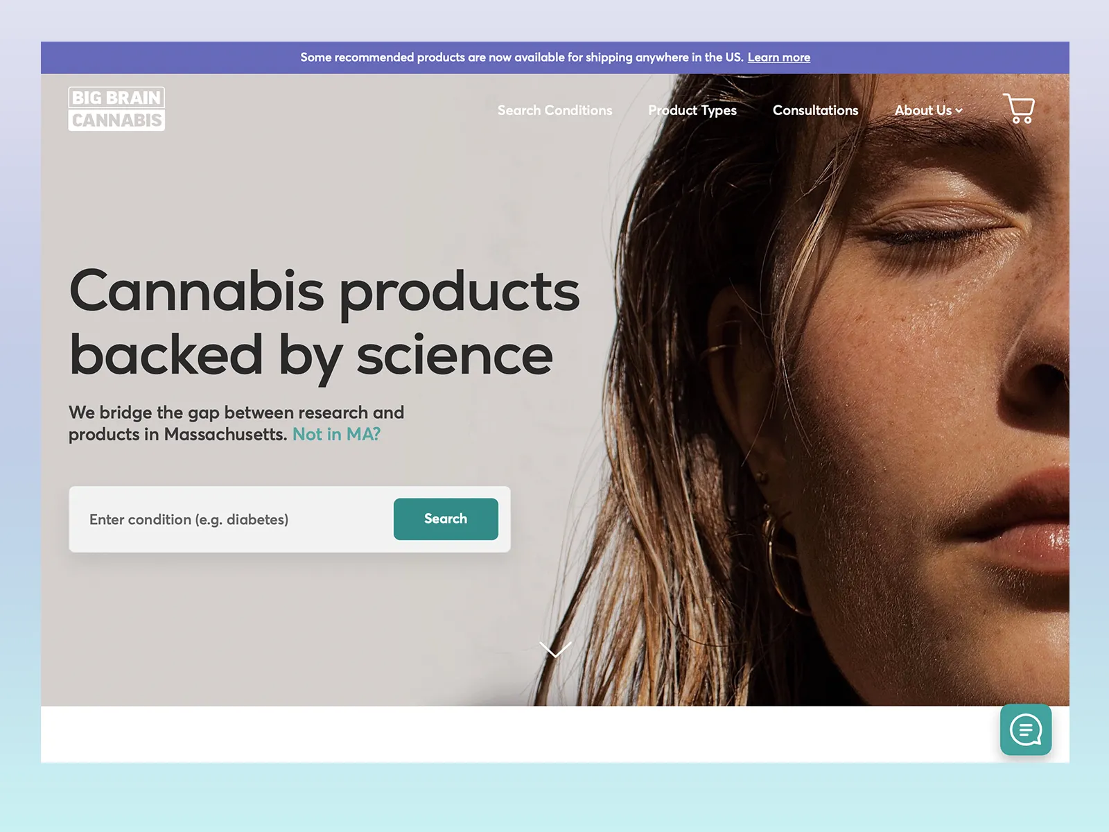 Big Brain Cannabis homepage: Cannabis products backed by science, with a condition search field.