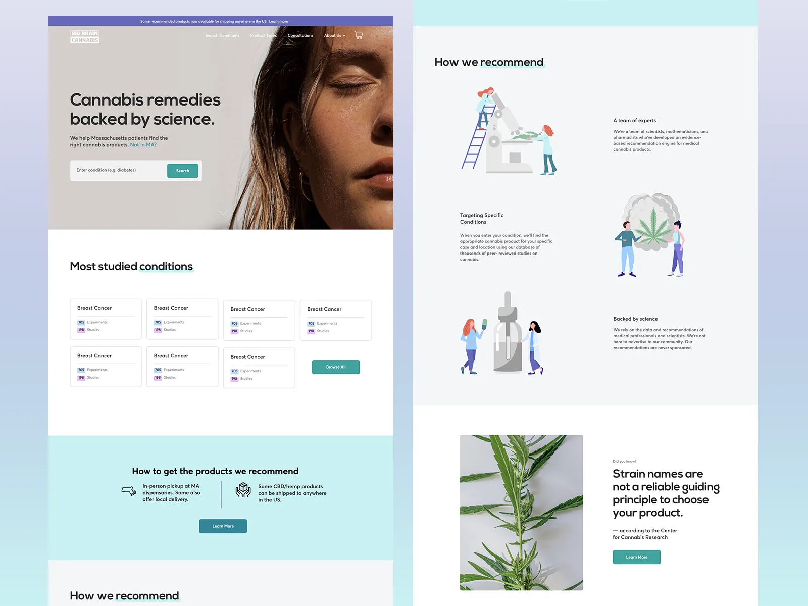 Two page designs: a homepage with most studied conditions, and a How we recommend page.
