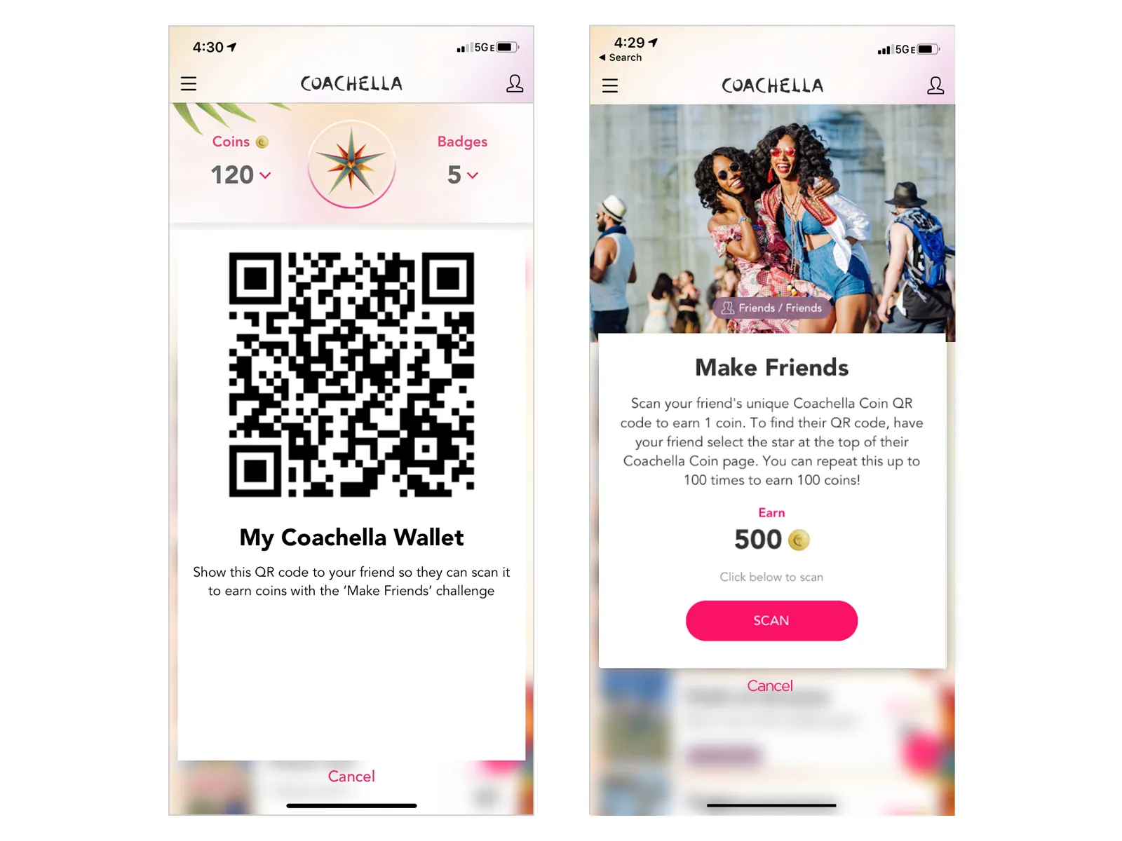 Two app screens: My Coachella Wallet with a personal QR code, and the Make Friends challenge.