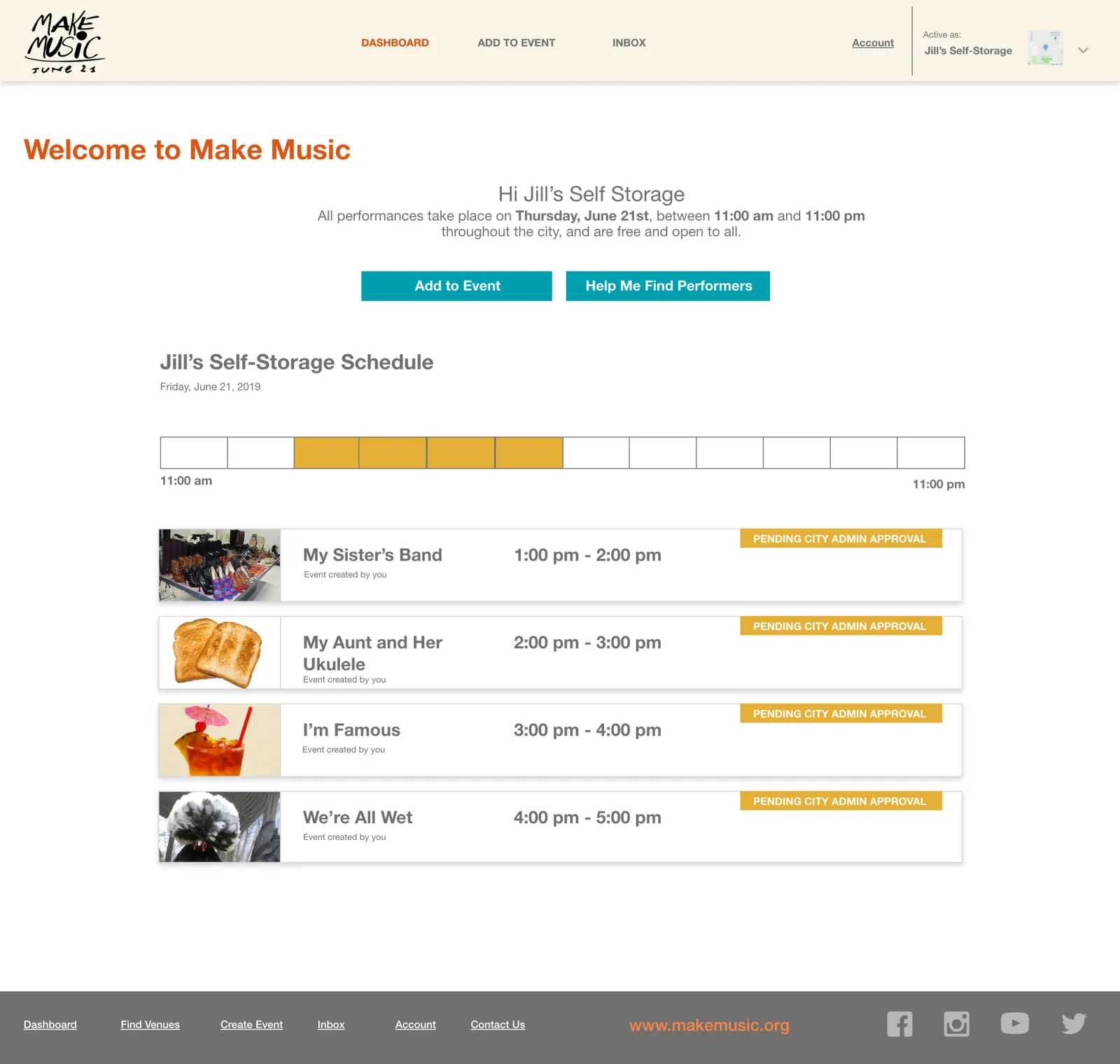 A venue dashboard showing a self-storage venue's schedule with performer slots booked.