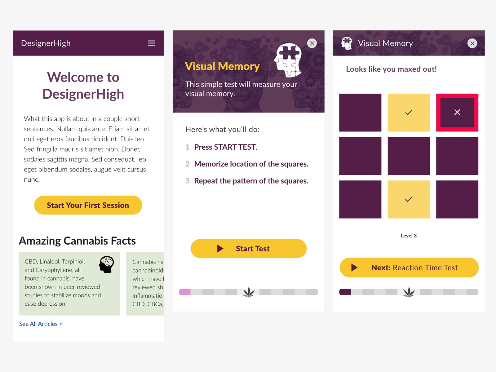 Three prototype screens: the session welcome, the Visual Memory test, and its result.