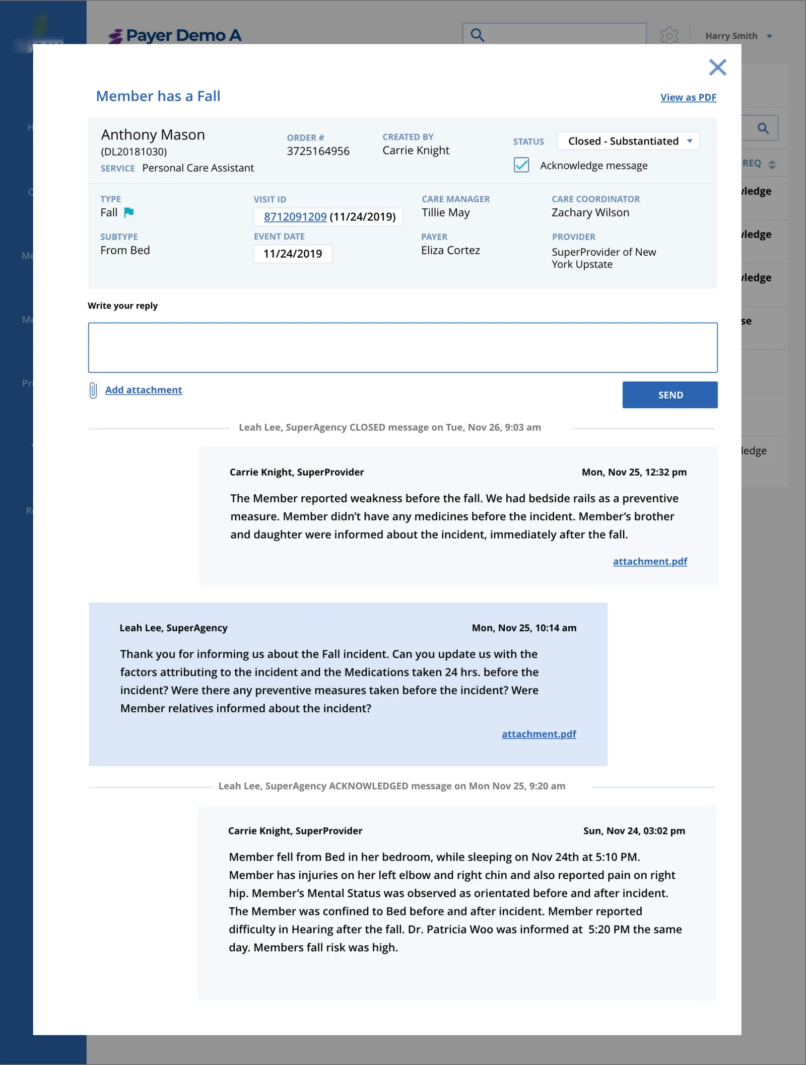 A member detail view with a conversation thread between payer and provider.