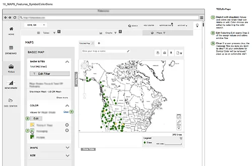 The mapping feature, with sites plotted across North America and annotated tool notes.