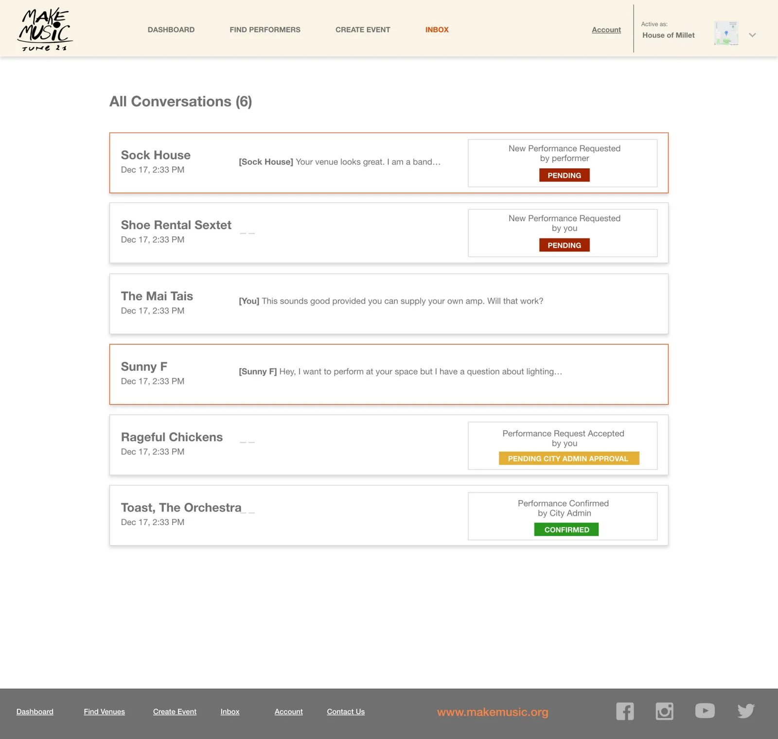 An inbox of conversations, each a performance request marked pending or confirmed.
