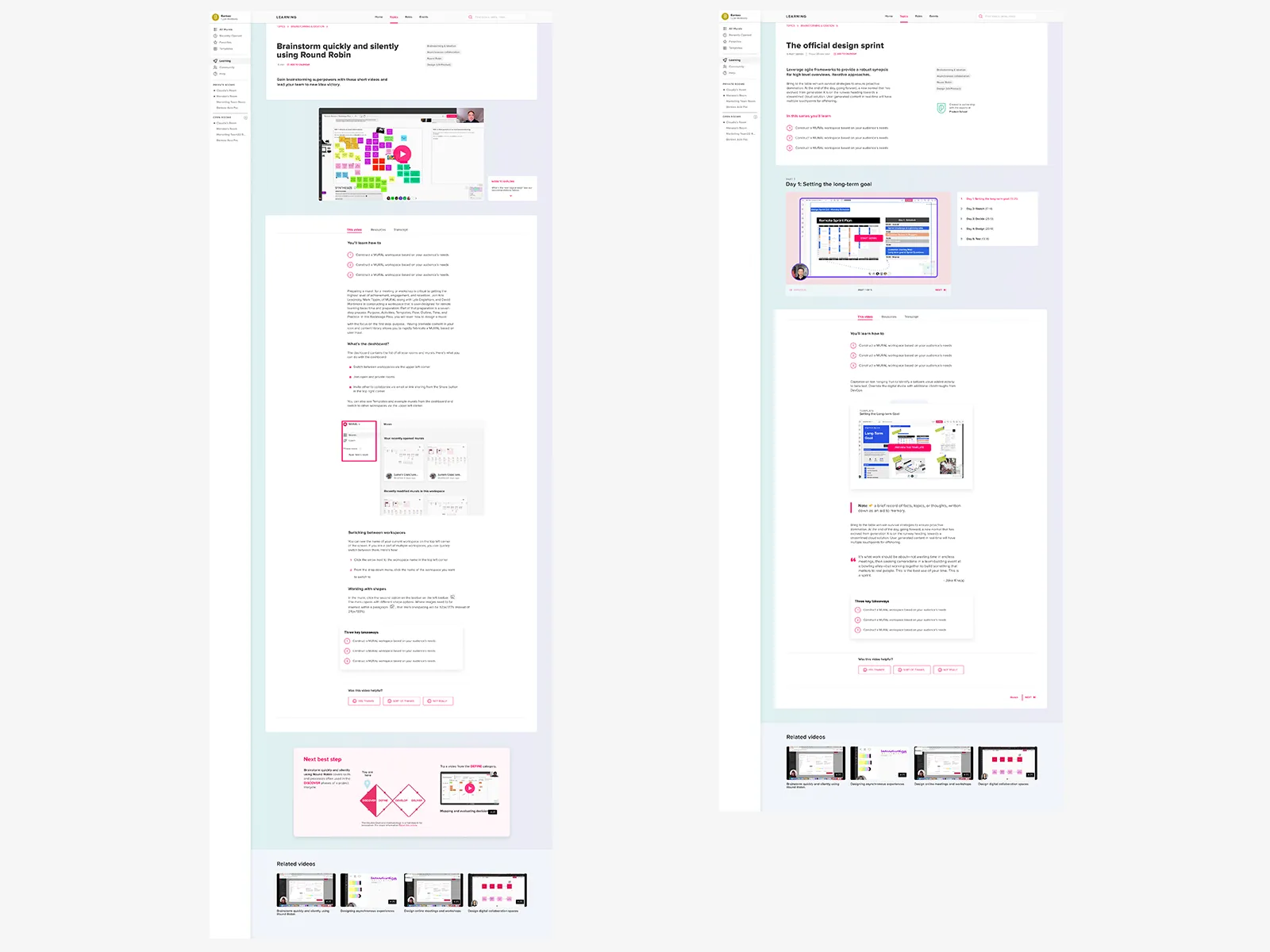 Two annotated documents reviewing learning content, with callouts marking issues and recommendations.