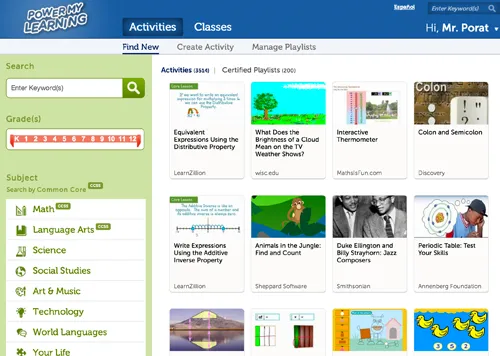 The activities search, with keyword, grade and subject filters beside activity cards.