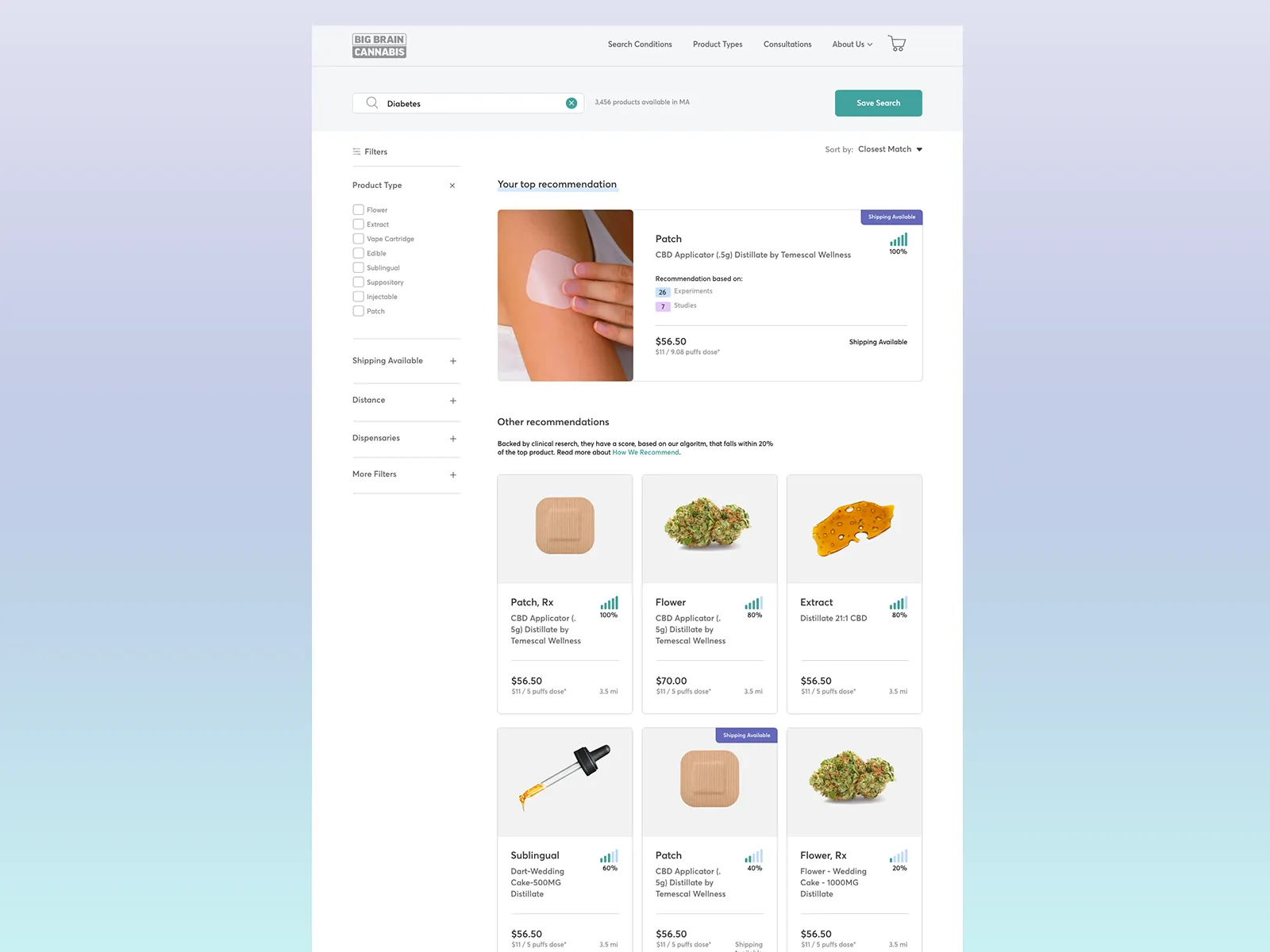 The search results page, with a top recommendation showing its match strength and evidence.