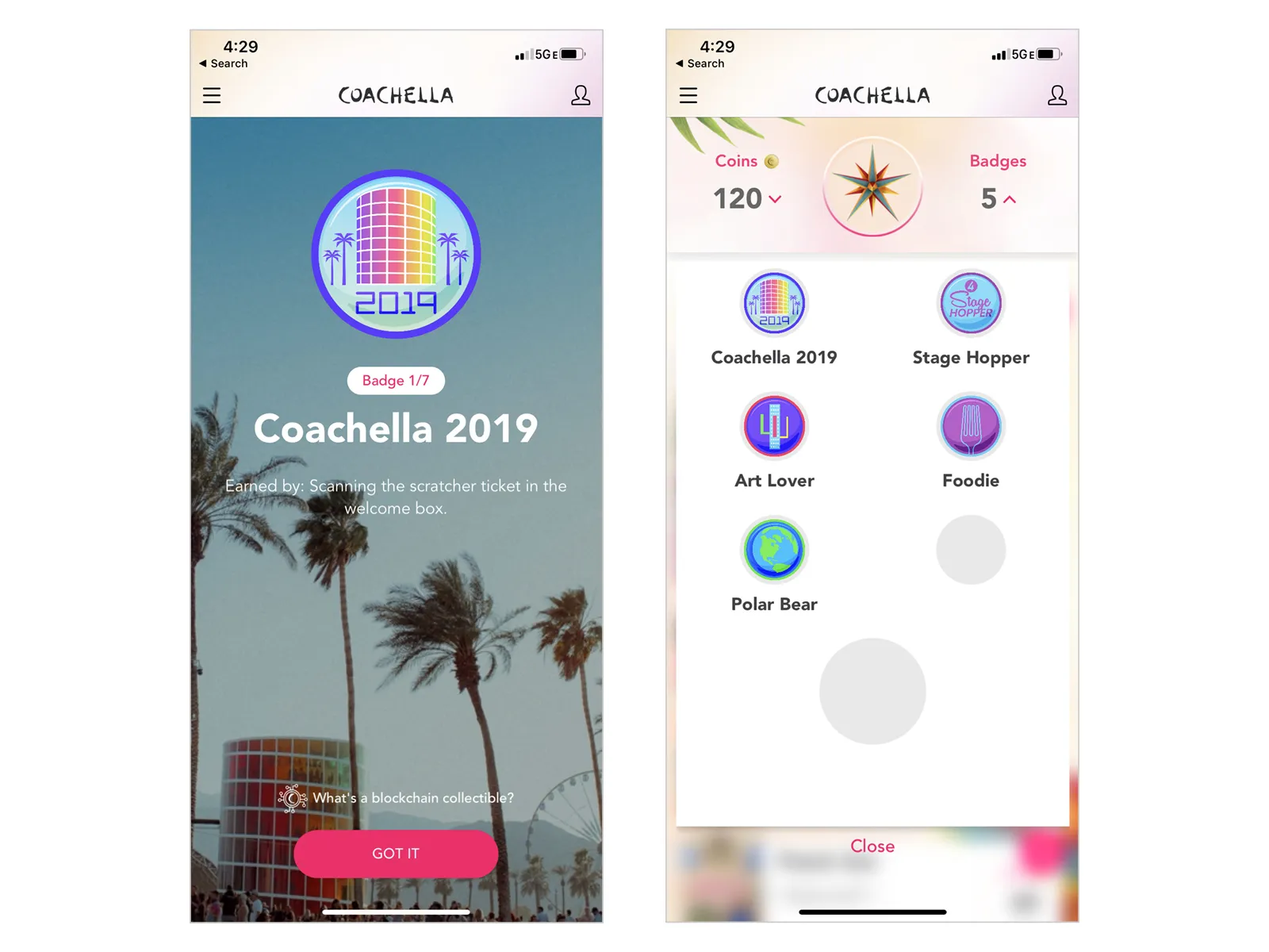 Two app screens: a Coachella 2019 badge award, and the badge collection grid.