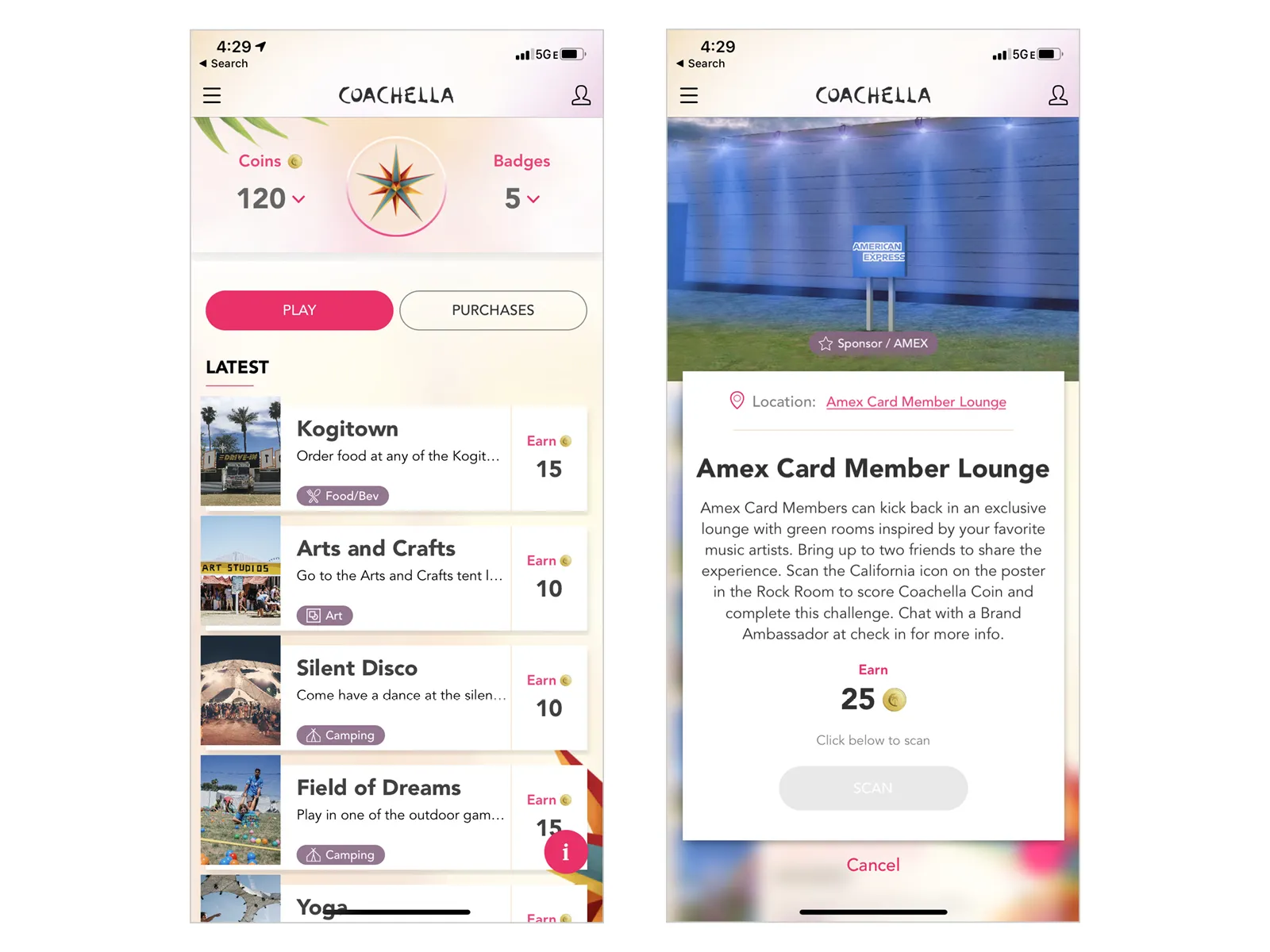 Two app screens: the challenge list, and a sponsored Amex Card Member Lounge challenge.