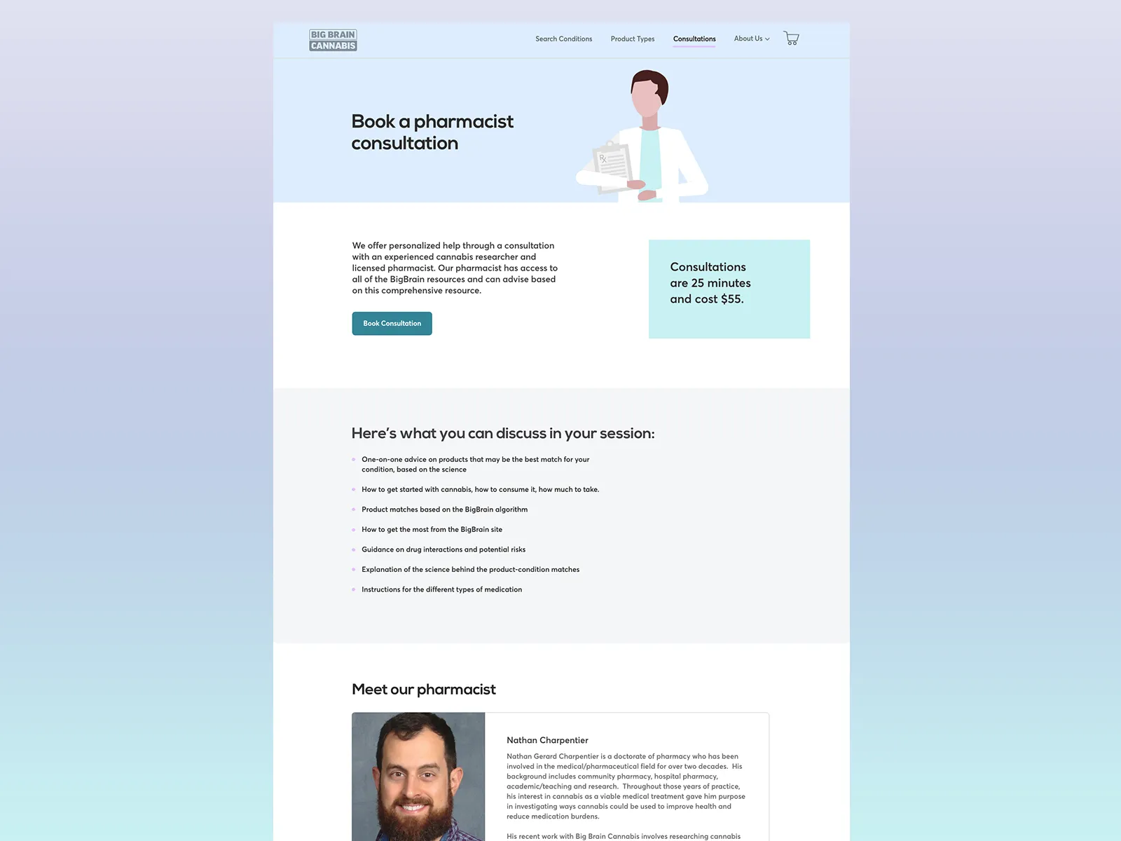 A page for booking a pharmacist consultation.