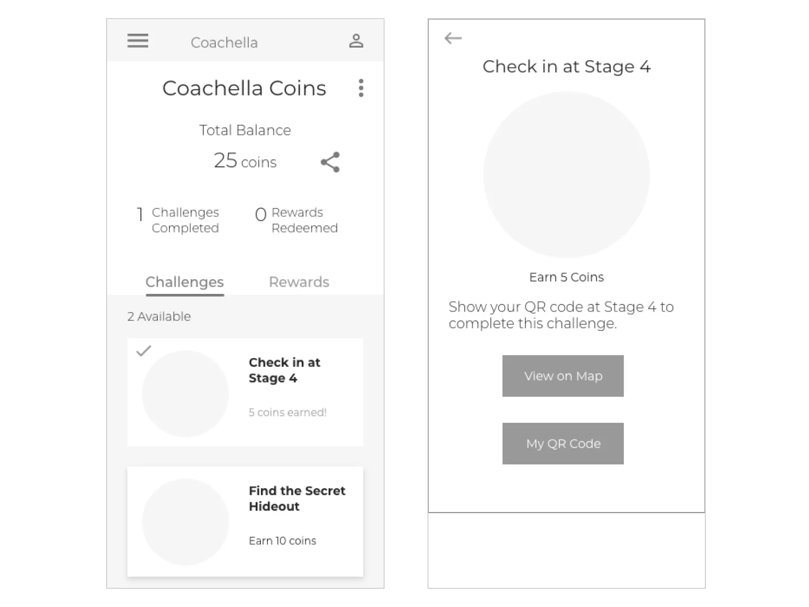 Wireframes for Coachella Coins: a coin balance with challenges and rewards, and a check-in screen.