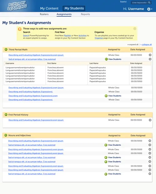 A student's assignments view, listing assignments by subject with due dates.