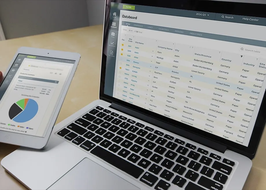 The Databoard application on a laptop and tablet, with a data table and pie chart.