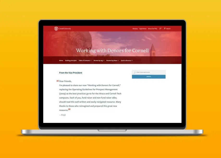 The launched Working with Donors for Cornell site, shown on a laptop.