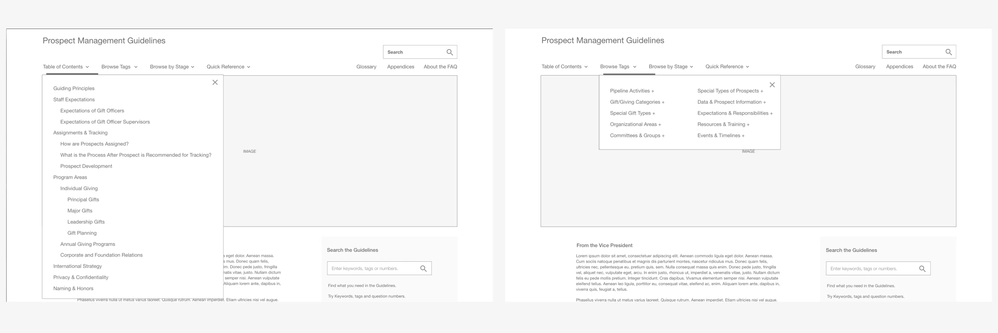 Two navigation mockups: the Table of Contents menu open, and the Browse Tags menu open.
