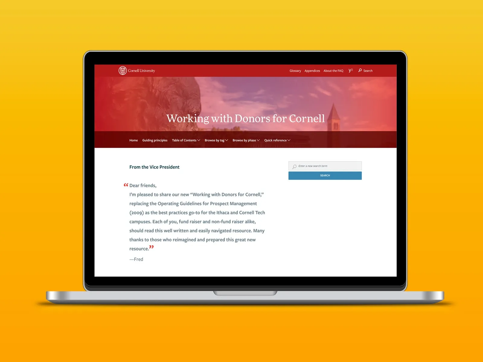 The launched Working with Donors for Cornell site, with a letter from the Vice President.