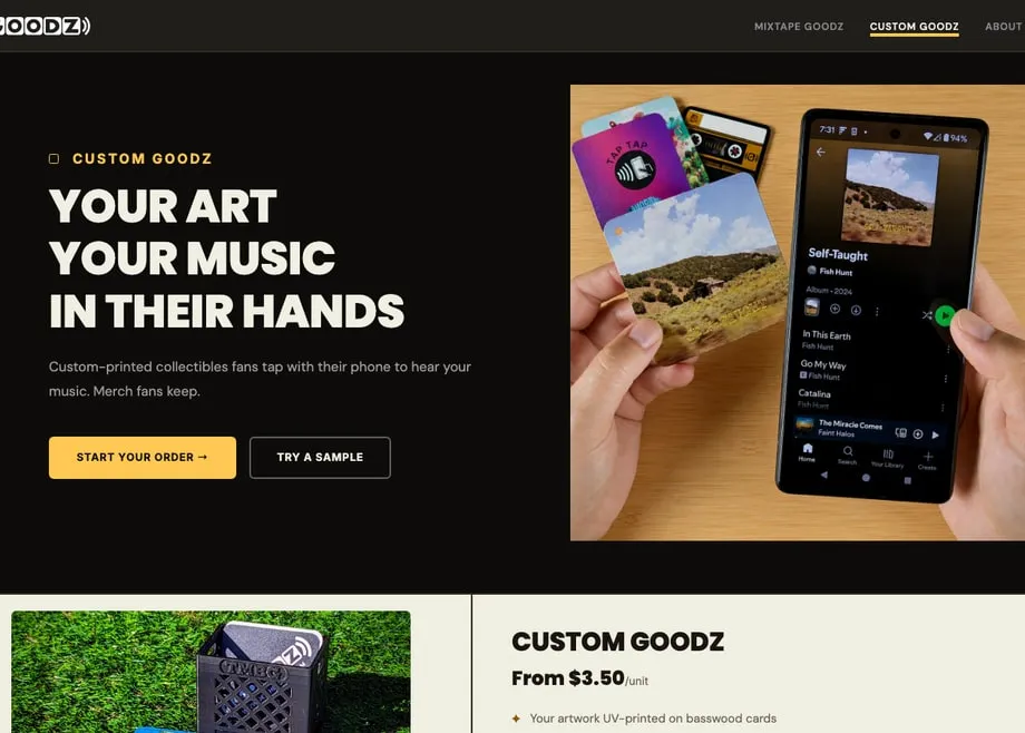 Goodz custom-order page: Your Art, Your Music, In Their Hands, with a card tapped against a phone.