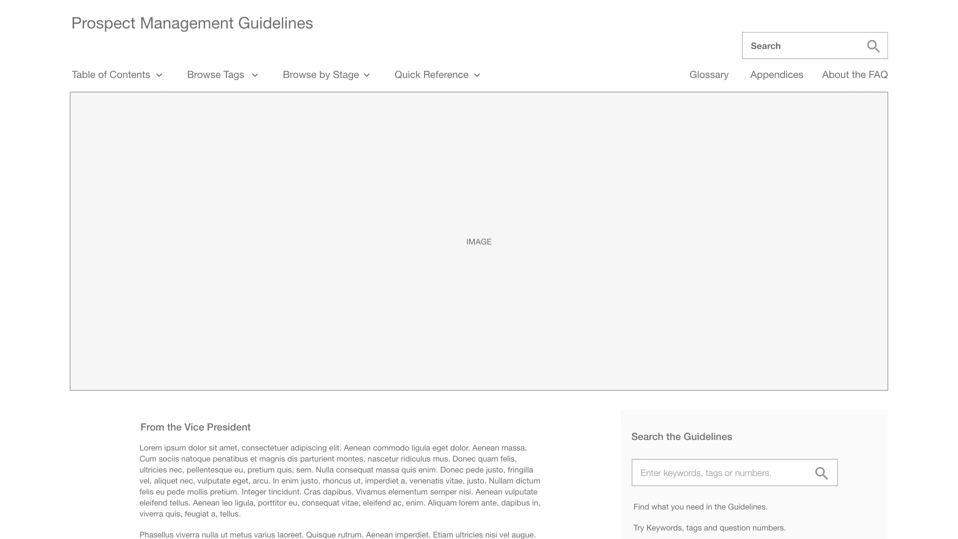 A wireframe of the guidelines page, with search, the four browsing routes and a content area.